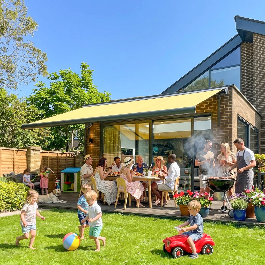 Markilux awning garden family BBQ party in London