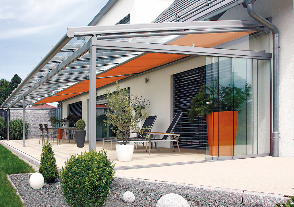 Glass Room with Orange Awning